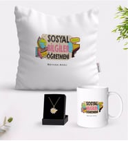BK Gift Kişiye Özel Sosyal Bilgiler Öğretmeni Beyaz Kupa Yastık ve İsimli Papatya Kolye Hediye Seti-3 (Model 1)