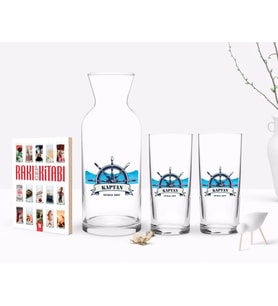 BK Gift Kişiye Özel Renkli Baskılı Kaptan Tasarımlı İkili Rakı Bardağı Karaf ve Cep Kitabı Hediye Seti-9 (Model 1)