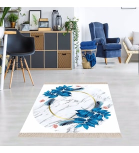 Mermer Desenli Yaprak Desenli Dijital Baskı Yıkanabilir Kaymaz Taban Salon Halı ve Yolluk (Beyaz-Mavi)