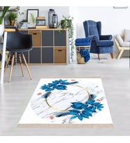 Mermer Desenli Yaprak Desenli Dijital Baskı Yıkanabilir Kaymaz Taban Salon Halı ve Yolluk (Beyaz-Mavi)