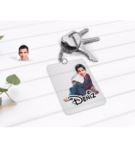 BK Gift Kişiye Özel Erkek Karikatürlü Şeffaf Pleksi Anahtarlık-61 (Beyaz)