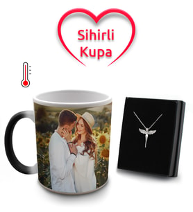 Romantik Kalpli Kişiye Özel Fotoğraflı Sihirli Kupa & Gümüş Renk Melek Kolye Hediye Seti