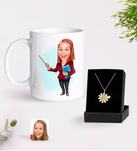 BK Gift Kişiye Özel Bayan Öğretmen Karikatürlü Kupa Ve Papatya Kolye Hediye Seti-3 (Model 1)