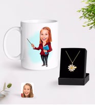 BK Gift Kişiye Özel Bayan Öğretmen Karikatürlü Kupa Ve Papatya Kolye Hediye Seti-3 (Model 1)