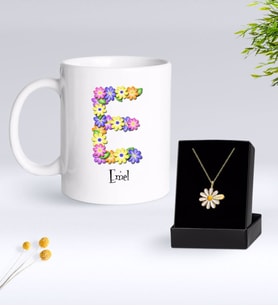 BK Gift Kişiye Özel Çiçek Temalı Harf Kupa ve Papatya Kolye Hediye Seti-6 (Model 1)