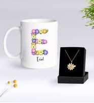 BK Gift Kişiye Özel Çiçek Temalı Harf Kupa ve Papatya Kolye Hediye Seti-6 (Model 1)