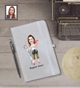 Kişiye Özel Kuaför Bayan Karikatürlü Gri Defter Kalem Hediye Seti   Mod-1