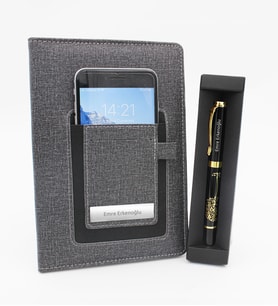 Kişiye Özel Telefon Cepli Gri Defter & Besmele Baskılı Roller Kalem Hediye Seti