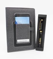 Kişiye Özel Telefon Cepli Gri Defter & Besmele Baskılı Roller Kalem Hediye Seti