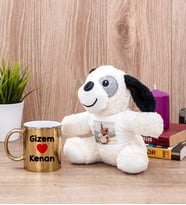 Sevgililere Özel İsim Yazılı Gold Kupa Bardak ve Peluş Köpek