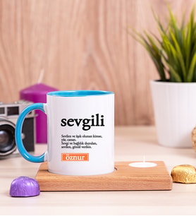 Sevgili Kelime Anlamı Ahşap Altlıklı Mumlu Mavi Kupa Bardak