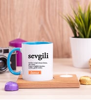 Sevgili Kelime Anlamı Ahşap Altlıklı Mumlu Mavi Kupa Bardak
