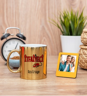 İtfaiyeci Gold Kupa Bardak ve Sarı Mini Fotoğraf Çerçevesi