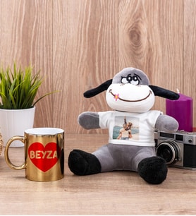 Sevgiliye Hediye İsim Yazılı Kalpli Gold Kupa Bardak ve Peluş Eşek