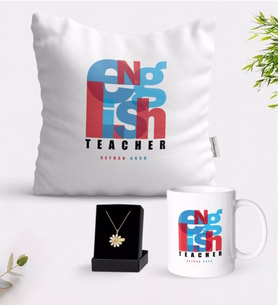 BK Gift Kişiye Özel İngilizce Öğretmeni Beyaz Kupa Yastık ve İsimli Papatya Kolye Hediye Seti-10 (Model 1)