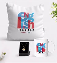 BK Gift Kişiye Özel İngilizce Öğretmeni Beyaz Kupa Yastık ve İsimli Papatya Kolye Hediye Seti-10 (Model 1)