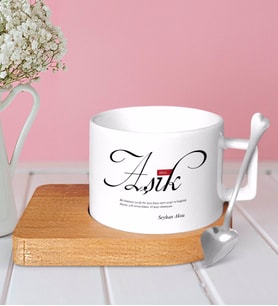 BK Gift Kişiye Özel Mânâ Aşık Ahşap Altlıklı Seramik Fincan-1 (Beyaz)
