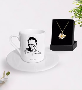 BK Gift Kişiye Özel Atatürk Temalı Türk Kahvesi Fincanı ve İsimli Papatya Kolye Hediye Seti-19 (Model 1)