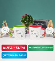 İkili Yeşil Kırmızı Çiçek Tasarımlı İsme Özel Kupa Bardak Anahtarlık