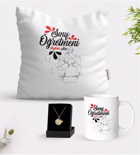 BK Gift Kişiye Özel Sınıf Öğretmeni Beyaz Kupa Yastık ve İsimli Papatya Kolye Hediye Seti-12 (Model 1)