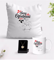 BK Gift Kişiye Özel Sınıf Öğretmeni Beyaz Kupa Yastık ve İsimli Papatya Kolye Hediye Seti-12 (Model 1)