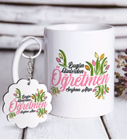 BK Gift Kişiye Özel Bugün Günlerden Öğretmen Beyaz Kupa ve Anahtarlık Hediye Seti-1 (Model 1)