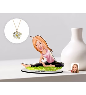 BK Gift Kişiye Özel Kadın Yoga Karikatürlü 3D Ahşap Biblo ve İsimli Tarihli Papatya Kolye Seti-1 (Model 1)