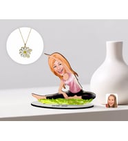 BK Gift Kişiye Özel Kadın Yoga Karikatürlü 3D Ahşap Biblo ve İsimli Tarihli Papatya Kolye Seti-1 (Model 1)