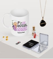 BK Gift Kişiye Özel En Güzel Nine Kupa Ayna ve Siyah Mineli Kolye Seti (Model 1)