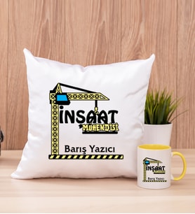 İnşaat Mühendisi Kare Yastık ve Sarı Kupa Bardak
