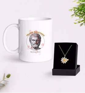 BK Gift Kişiye Özel Felsefe Öğretmeni Beyaz Kupa ve Papatya Kolye Hediye Seti-1 (Model 1)
