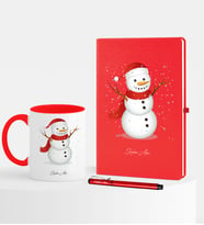 BK Gift Kişiye Özel Yılbaşı Kardan Adam Temalı Kırmızı Defter Kalem Kupa Seti - 2