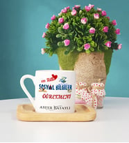 Mesajlı Sosyal Bilgiler Öğretmeni Ahşap Altlıklı Türk Kahvesi Fincanı