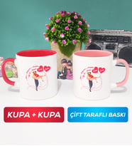 İkili Sevgiliye Sevgililer Günü Hediyesi 2 Kupa Bardak Kırmızı Pembe