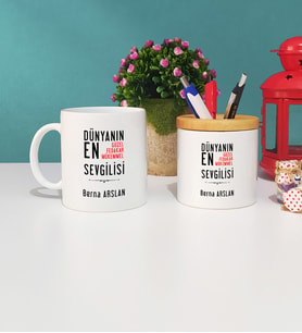 Sevgili Tasarımlı Kişiye Özel Sevgililer Günü Hediyesi Kupa Bardak ve Kalemlik Hediye Seti
