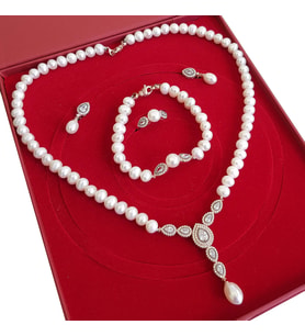 Chavin İnci Rose Gümüş Kolye Küpe Bileklik Yüzük Takım Set ei71rs