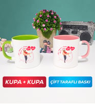 İkili Sevgiliye Sevgililer Günü Hediyesi 2 Kupa Bardak Yeşil Pembe