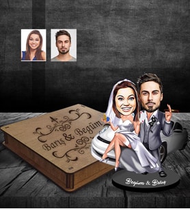 Kişiye Özel Gelin Damat Karikatürlü Ahşap Biblo Kutulu Mod-2