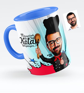 BK Gift Kişiye Özel Bay Chef Karikatürlü Mavi Kupa Bardak  3