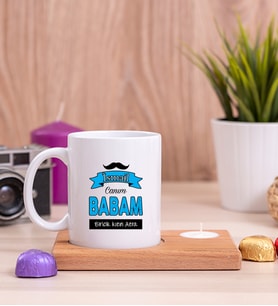 Canım Babam Ahşap Altlıklı Mumlu Beyaz Kupa Bardak