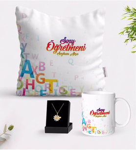 BK Gift Kişiye Özel Sınıf Öğretmeni Beyaz Kupa Yastık ve İsimli Papatya Kolye Hediye Seti-13 (Model 1)