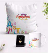 BK Gift Kişiye Özel Sınıf Öğretmeni Beyaz Kupa Yastık ve İsimli Papatya Kolye Hediye Seti-13 (Model 1)