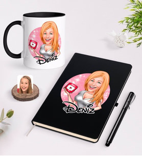 BK Gift Kişiye Özel Kadın Youtuber Karikatürlü Siyah Defter Kalem ve Kupa Seti-2 (Model 1)
