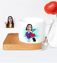 BK Gift Kişiye Özel Kabin Memuru Hostes Karikatür Ahşap Altlıklı Seramik Fincan  2