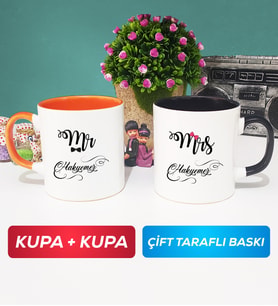 İkili Çiftlere Özel Mr Mrs Sevgiliye Hediye Kupa Bardak Turuncu Siyah