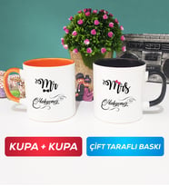 İkili Çiftlere Özel Mr Mrs Sevgiliye Hediye Kupa Bardak Turuncu Siyah