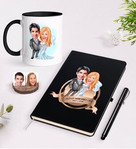 BK Gift Kişiye Özel Yılın En Mükemmel Çifti Karikatürlü Siyah Defter Kalem ve Kupa Seti-70 (Model 1)