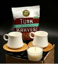 İkili Bambu Tabaklı Fincan Takımı& Vanilya Kokulu Mum & Kahve Dünyası Türk Kahvesi Hediye Seti