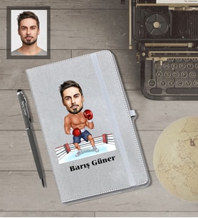 Kişiye Özel Sporcu Karikatürlü Gri Defter Kalem Hediye Seti  Bay-4