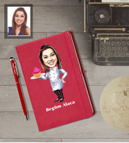 Kişiye Özel Pastacı Karikatürlü  Kırmızı Defter Kalem Hediye Seti Bayan-2